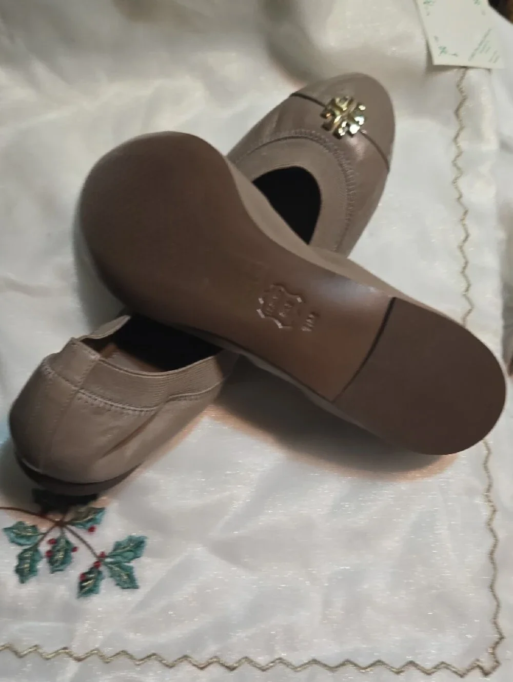 Tory Burch Taupe Patent & Leather Logo Ballet Flats